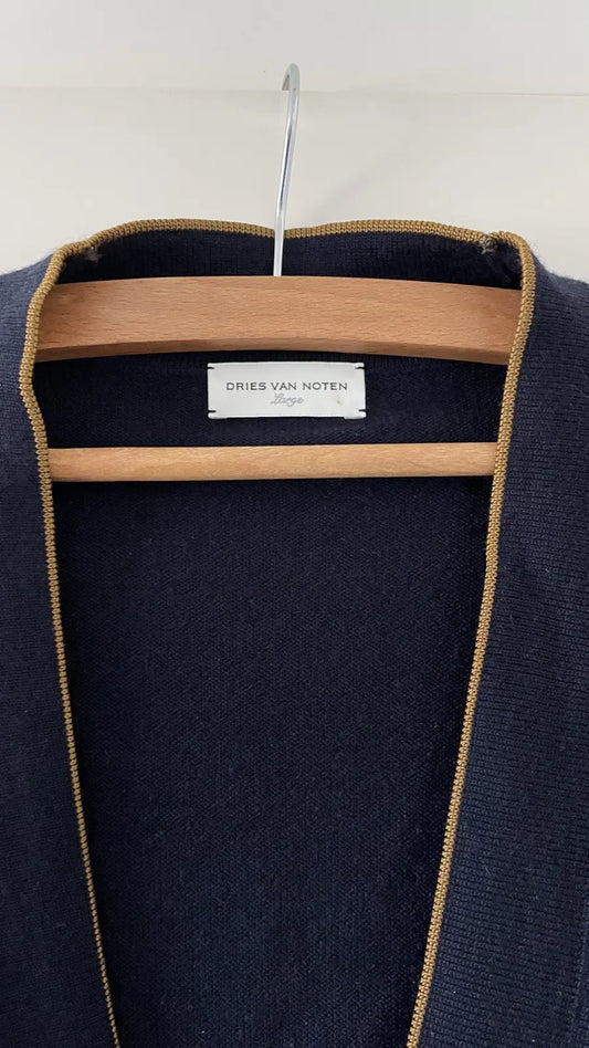 Dries Van Noten Navy Blue Beige Trim Cardigan Sweater