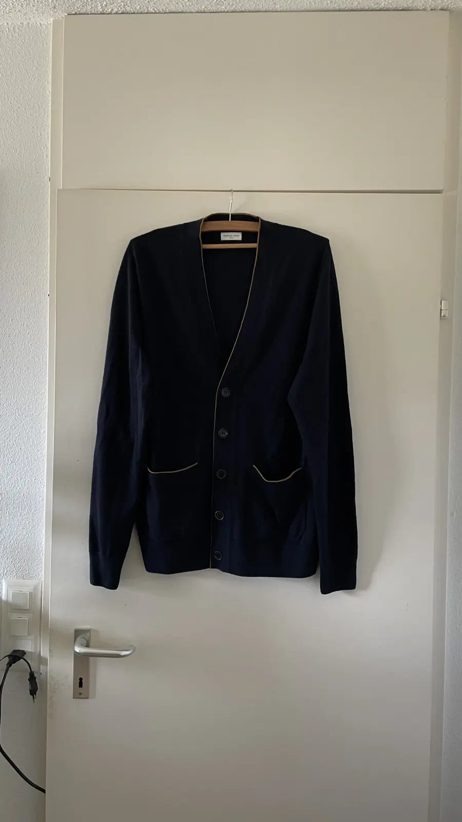 Dries Van Noten Navy Blue Beige Trim Cardigan Sweater