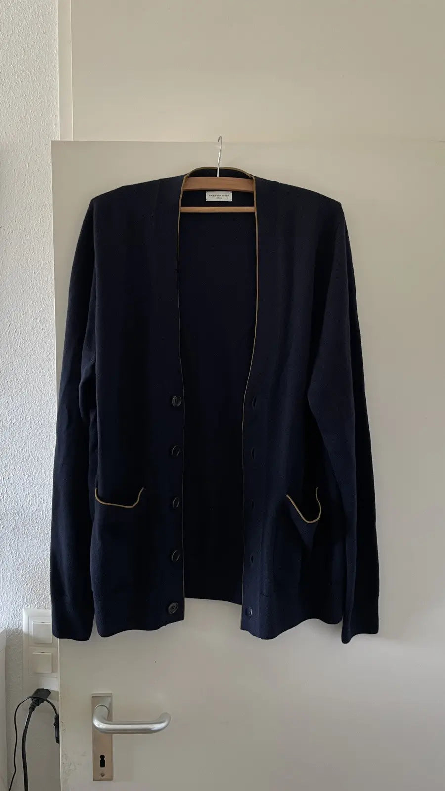 Dries Van Noten Navy Blue Beige Trim Cardigan Sweater